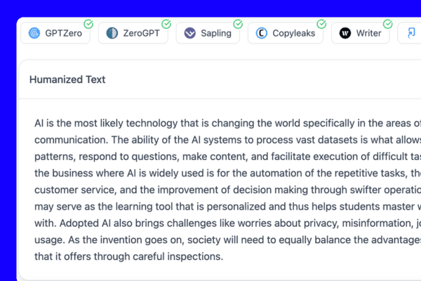 Humanized text passing GPTZero, ZeroGPT, Sapling, Copyleaks and Writer